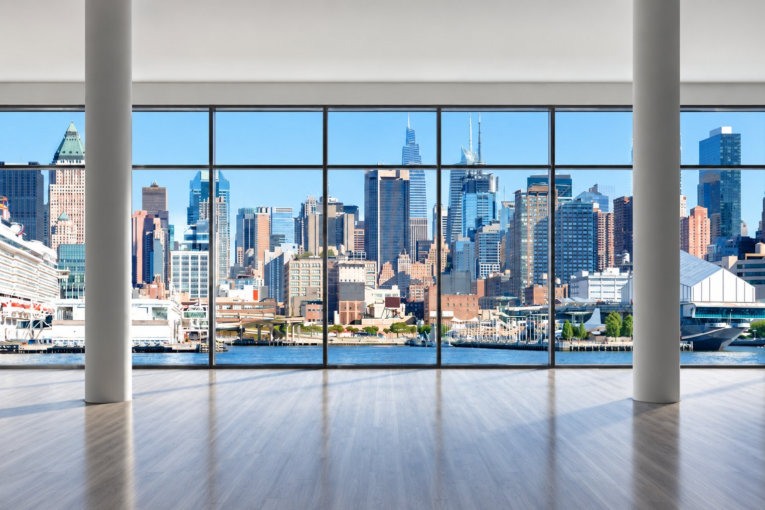 Empty New York office floor with new plank flooring and Manhattan skyline